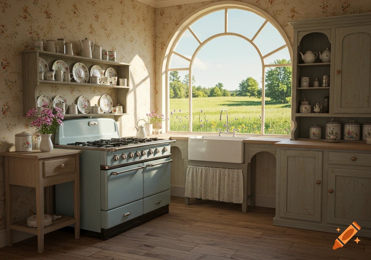 A cozy, country-style kitchen with a light blue enamel stove, farm sink, floral wallpaper, and an arched window overlooking a sunny green field.