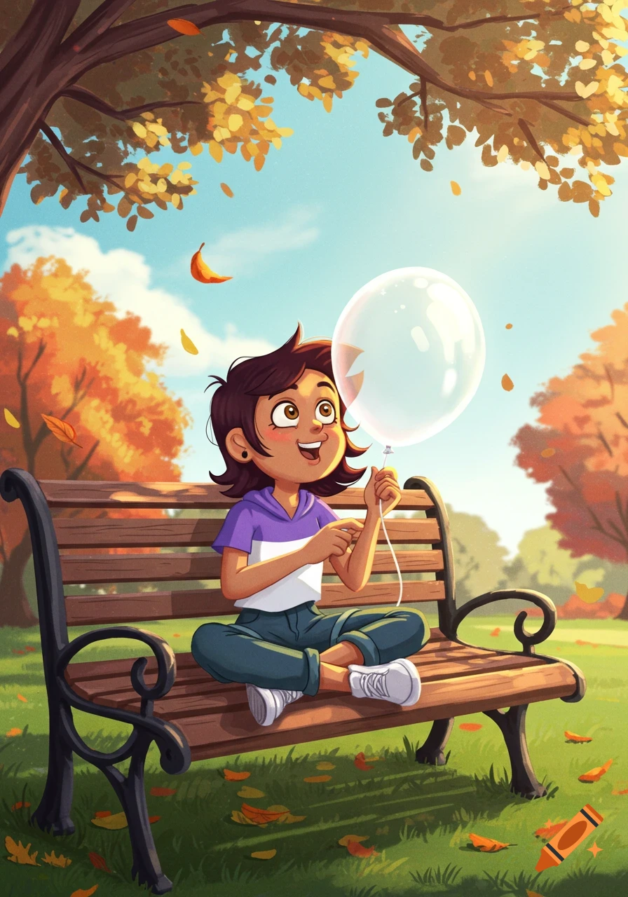 Cartoon character Luz Noceda sits on a park bench holding a clear balloon in an autumn scene with falling leaves.