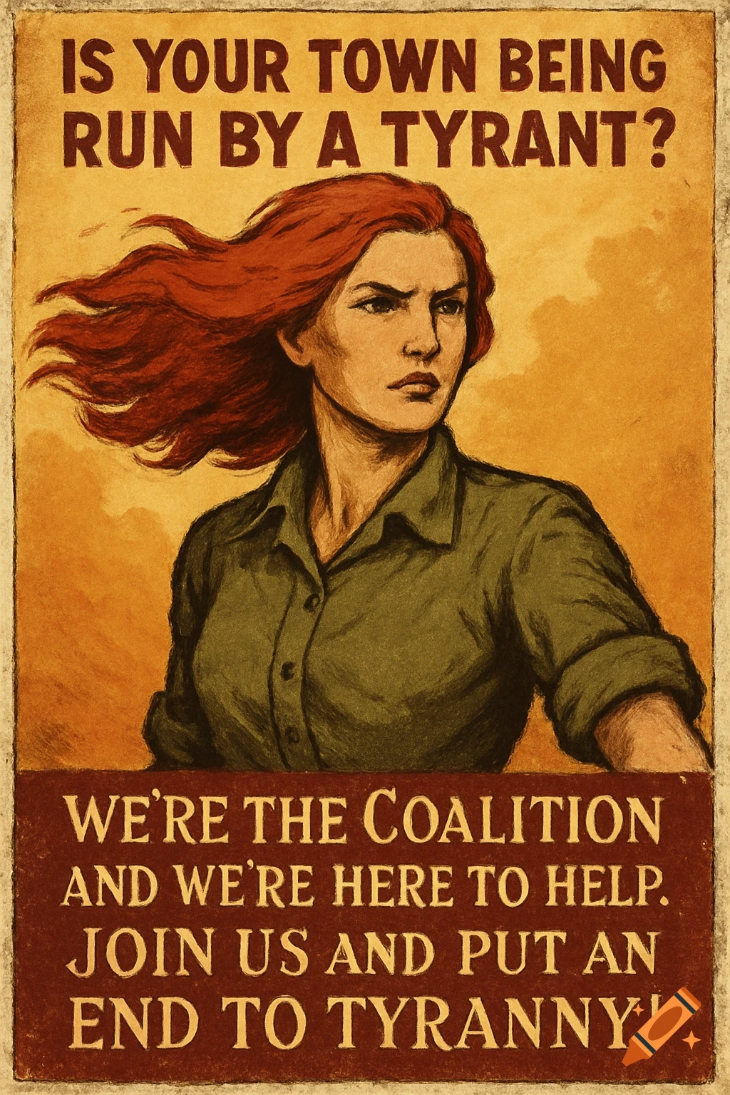 Hand-drawn propaganda poster of a stern red-haired woman with text about ending tyranny.