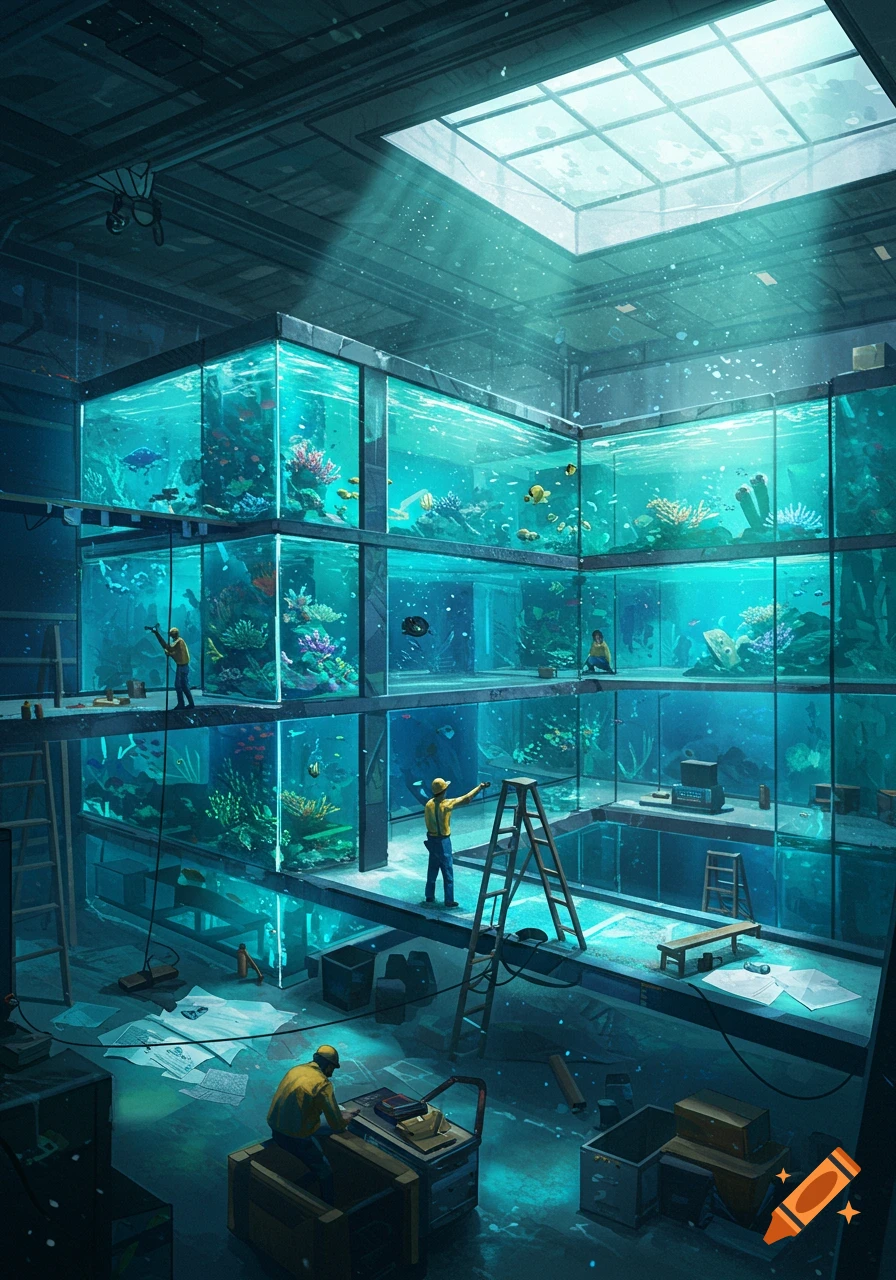 An intricate, multi-tiered aquarium facility with workers tending to large tanks filled with vibrant coral and various fish. Sunlight streams through a skylight.