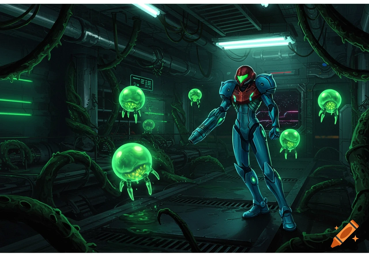 Samus Aran in her power suit stands in a dark, alien-infested facility with glowing green Metroids. Sci-fi illustration.