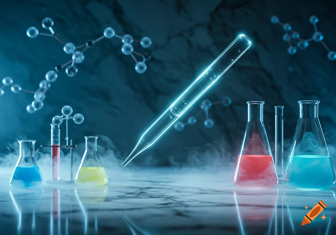 A glowing laboratory pipette hovers over beakers and flasks with colorful liquids, surrounded by smoke in a dark lab.