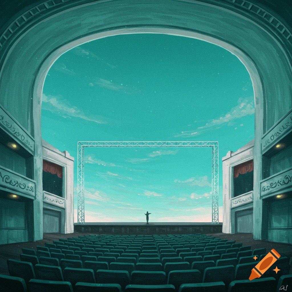 A dramatic view of an empty theater with a person on stage under a vast, turquoise sky.