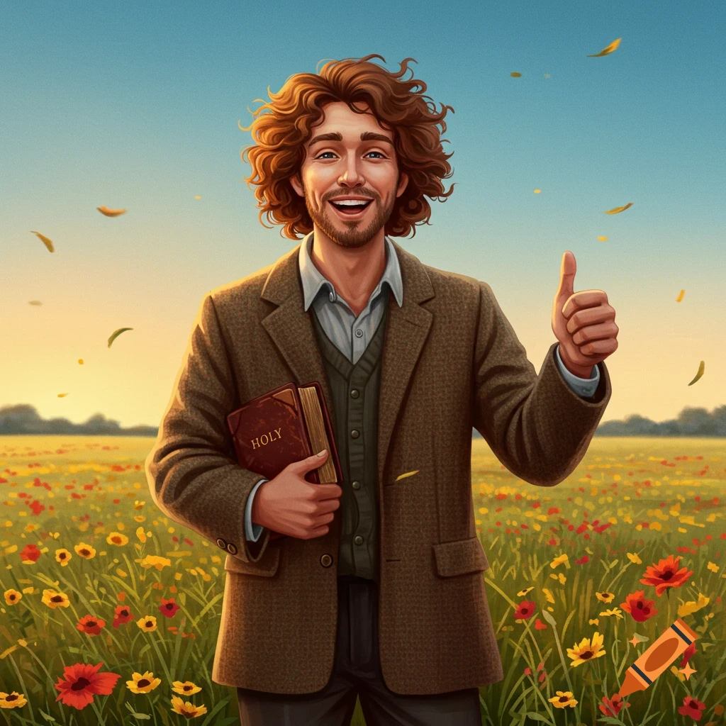 Smiling man with curly hair in a field of wildflowers holds a book labeled 'HOLY' and gives a thumbs-up. Illustration.