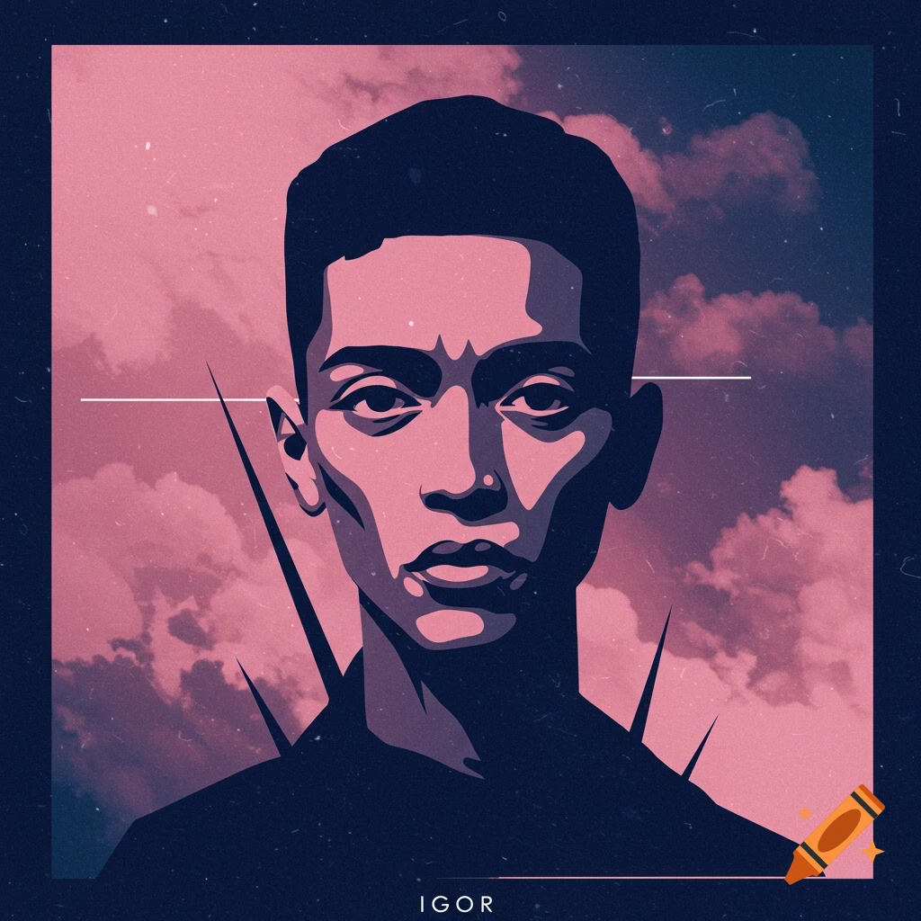 Stylized graphic portrait of a man against a pink cloudy sky, with 'IGOR' text below.