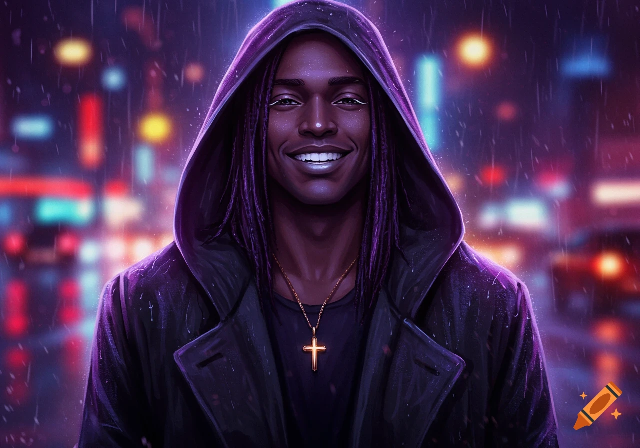Smiling dark-skinned man with violet dreadlocks and a cross necklace in a dark hooded coat against a rainy neon city background.