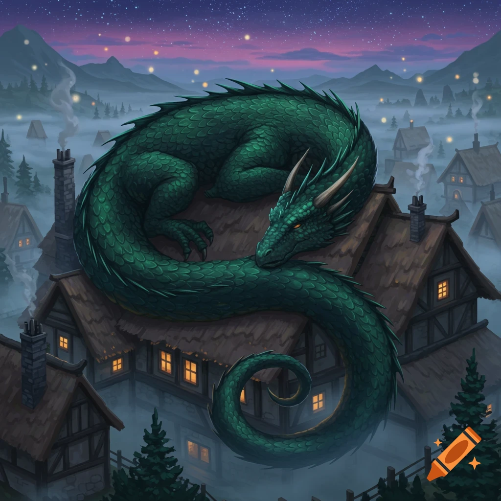 A large green dragon sleeps curled on the tiled roofs of a foggy village at night under a starry sky.