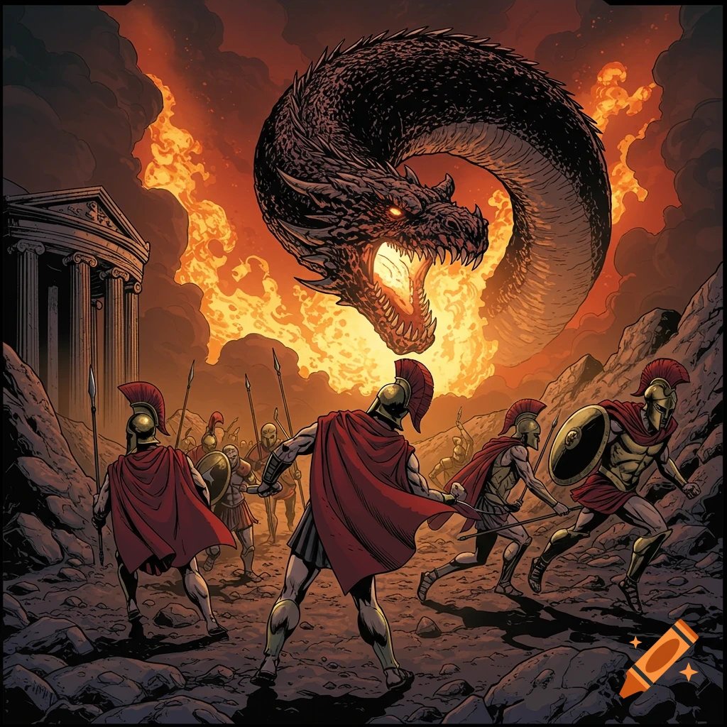 Cartoon of Spartan warriors fleeing a fire-breathing dragon amidst burning ruins in a comic book style.
