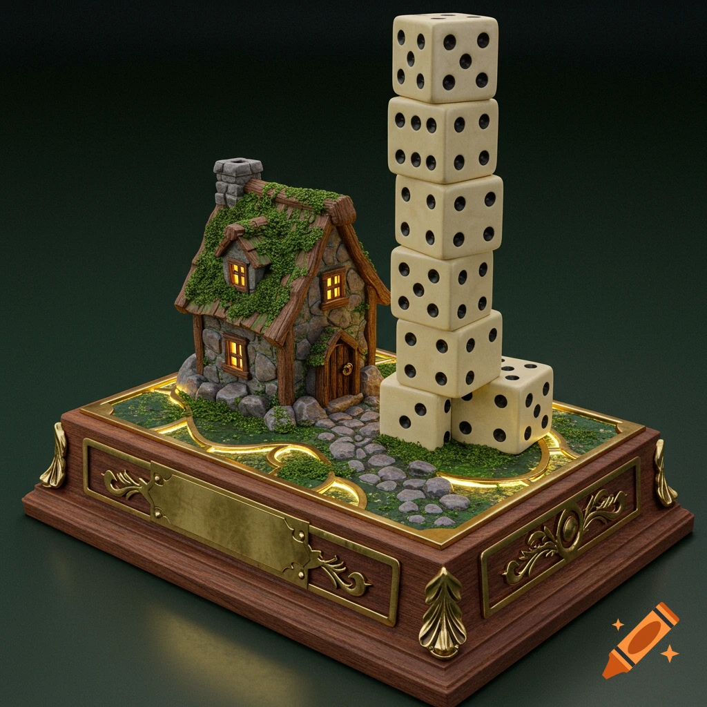 Miniature diorama of a mossy stone cottage next to a stack of oversized dice on a decorative wooden trophy base.