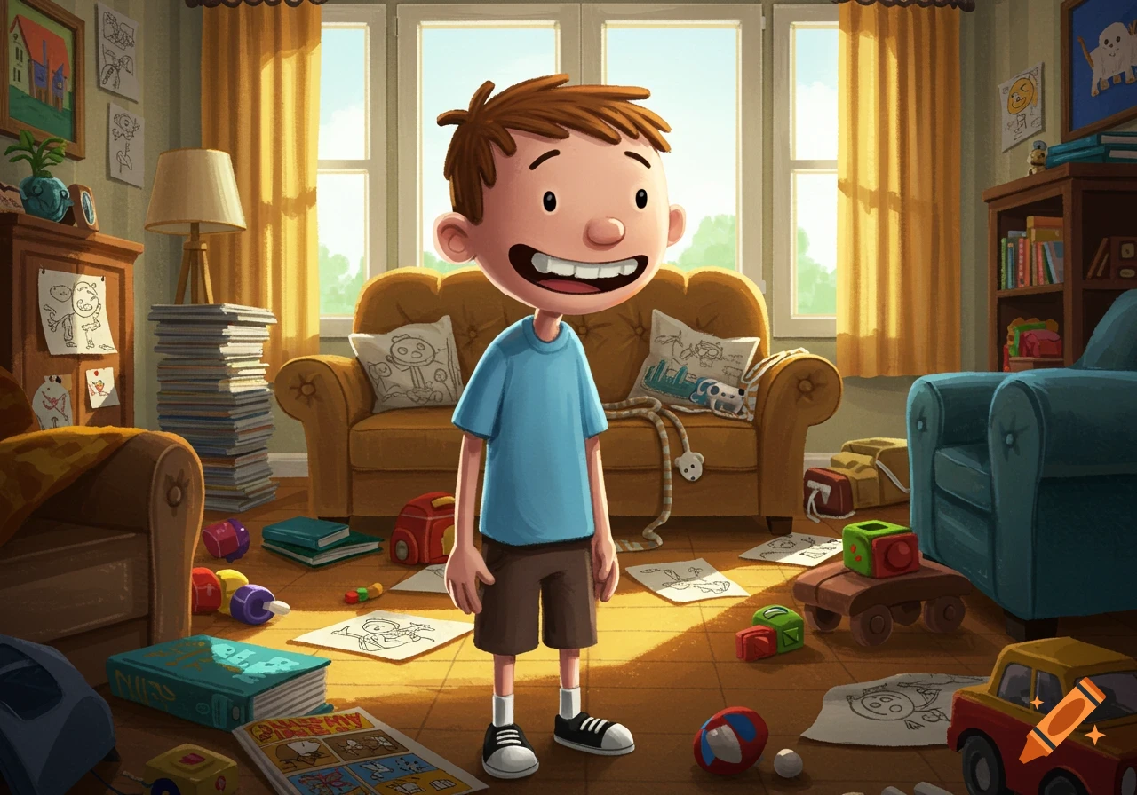 A cartoon boy with a wide smile stands in a brightly lit, messy living room filled with toys and drawings.
