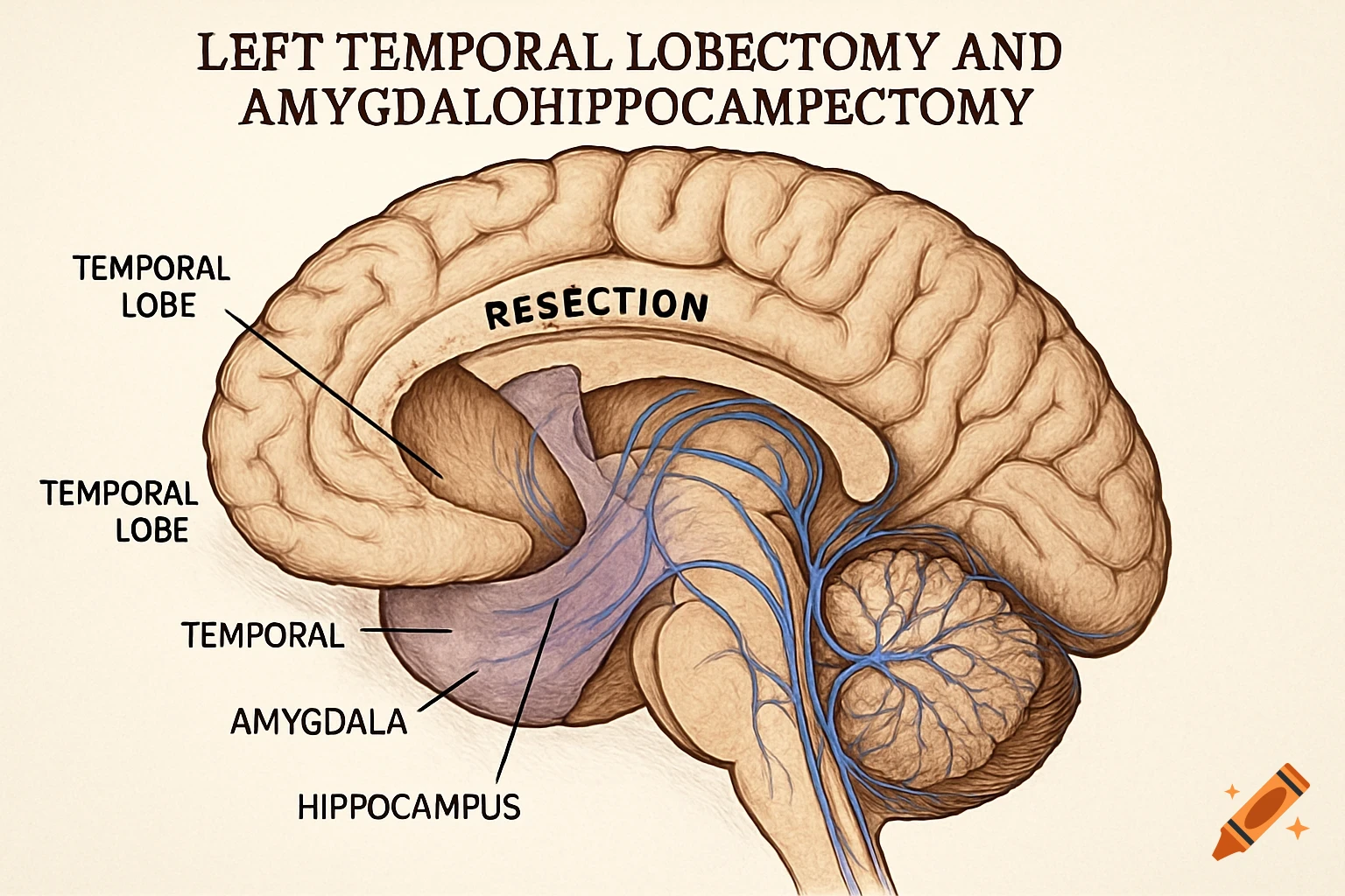 Side view illustration of a human brain showing a left temporal lobectomy and amygdalohippocampectomy, with parts labeled.