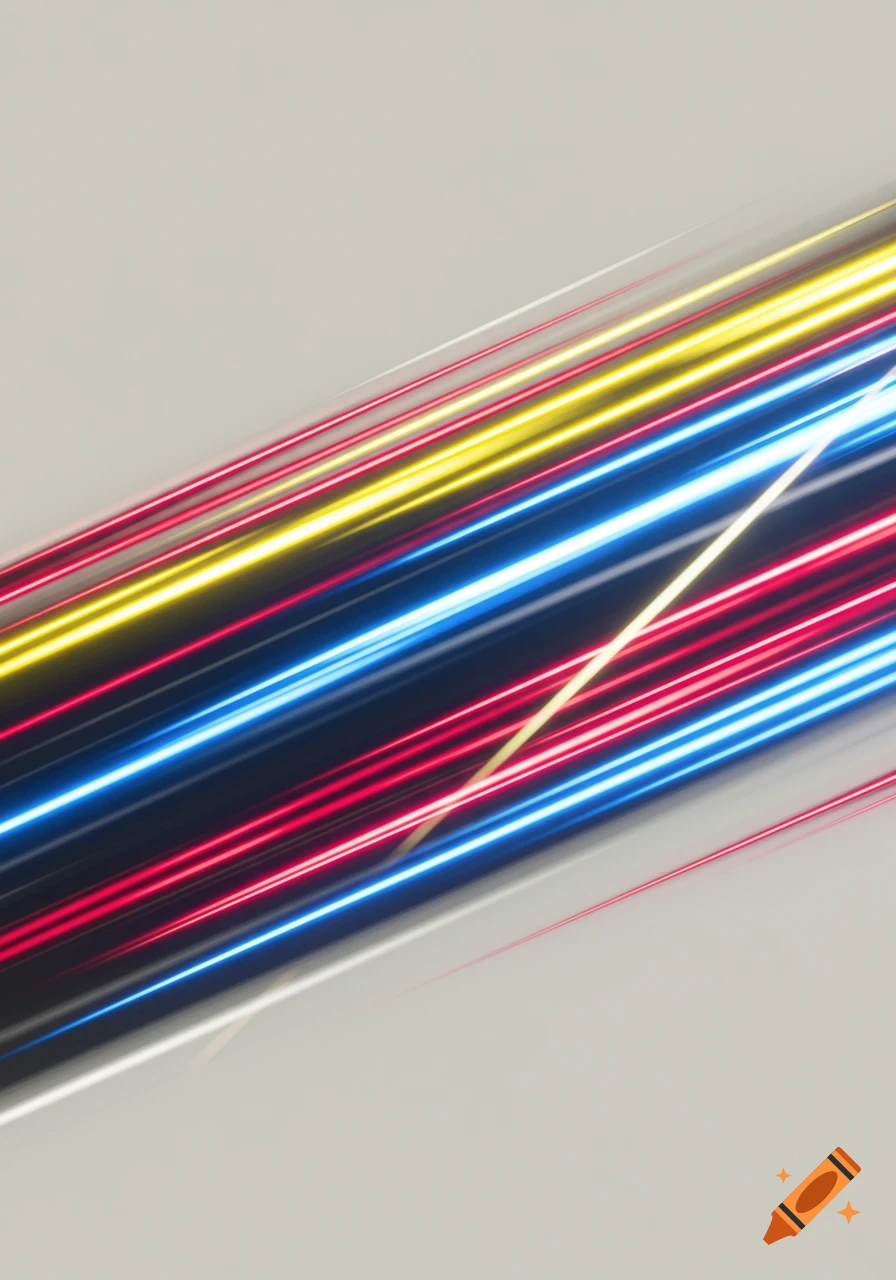 Colorful speed lines streak diagonally across a light gray background.