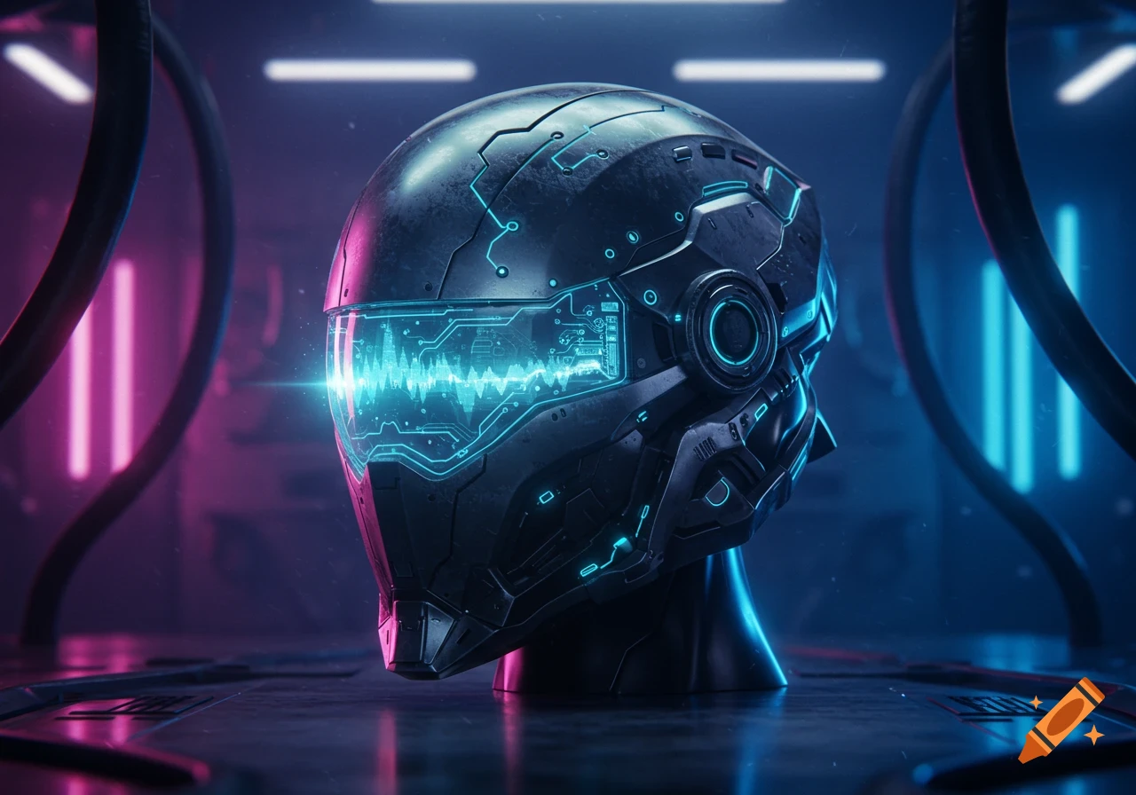 A dark, futuristic helmet with a glowing blue visor showing a waveform and circuit patterns in a neon-lit cyber setting.