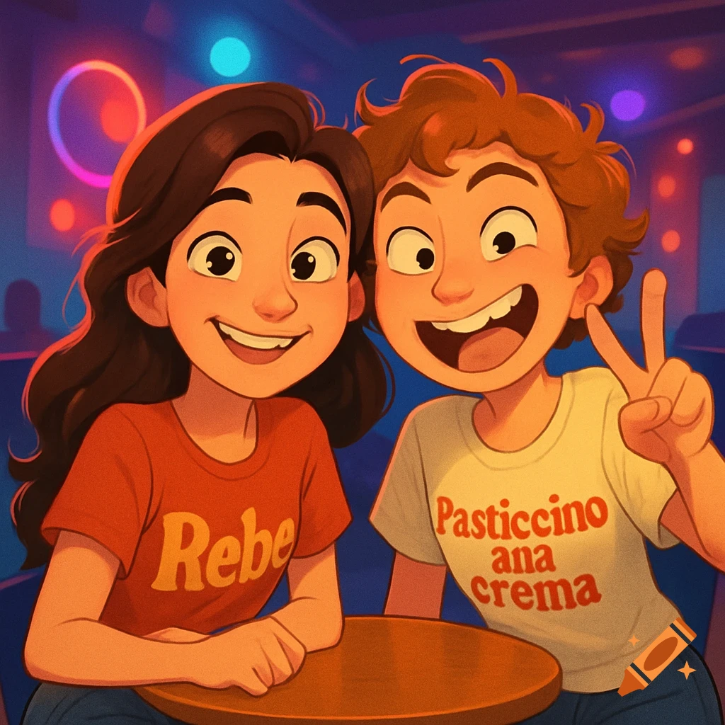 Two cheerful cartoon teenagers, a girl and a boy, take a selfie in a dimly lit club setting.