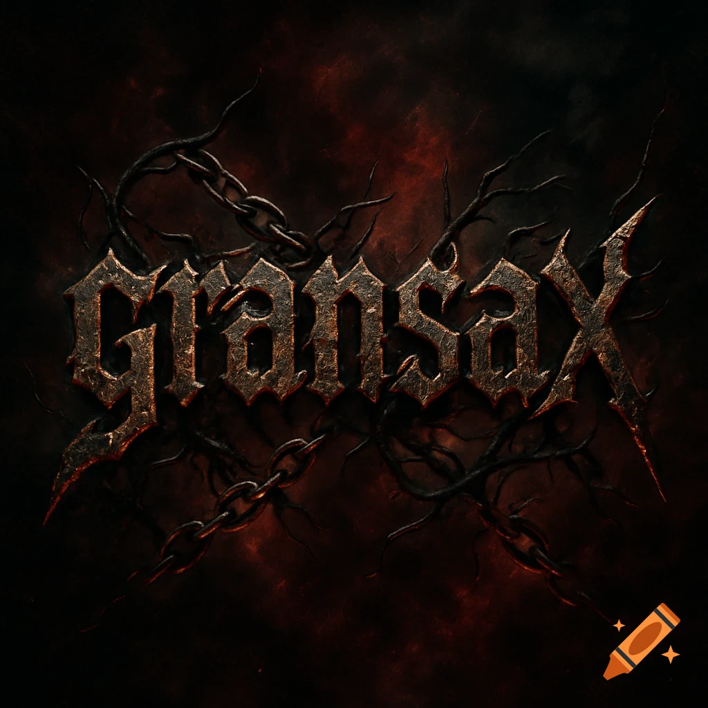 Dark, metallic, gothic text 'gransax' with chains and branches on a smoky background.
