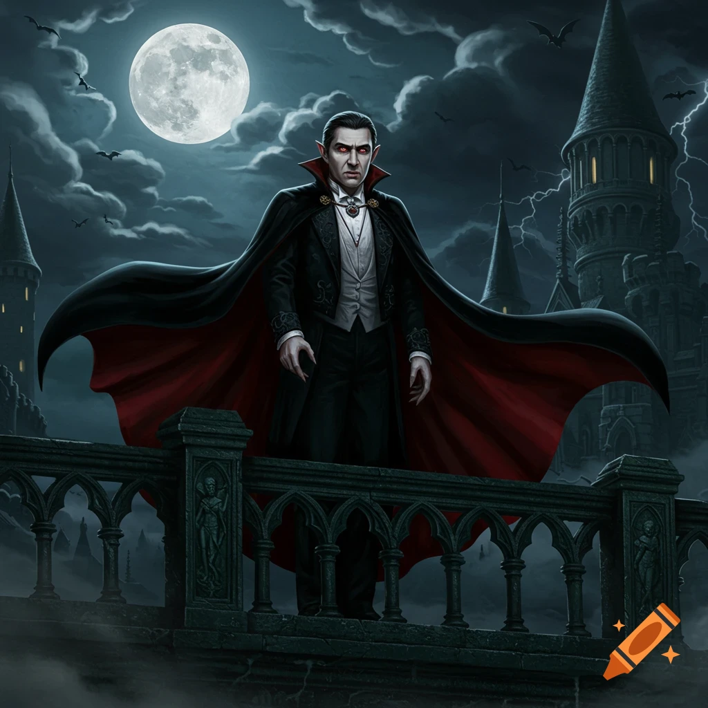 A vampire in a black and red cape stands on a stone balcony, overlooking a gothic castle under a full moon and stormy sky.
