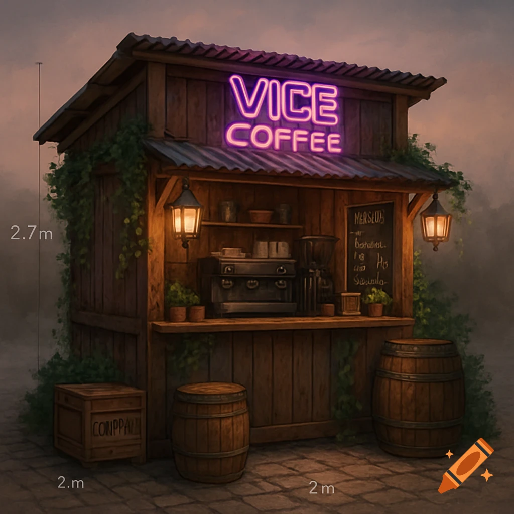 A rustic wooden coffee kiosk with a glowing purple neon sign that says "VICE COFFEE", set on a cobbled ground with barrels and a crate.