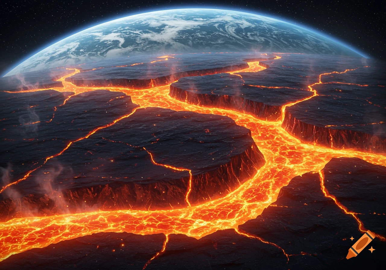 Photorealistic alien planet with glowing lava rivers in dark, cracked terrain, under a large blue planet and starry sky.