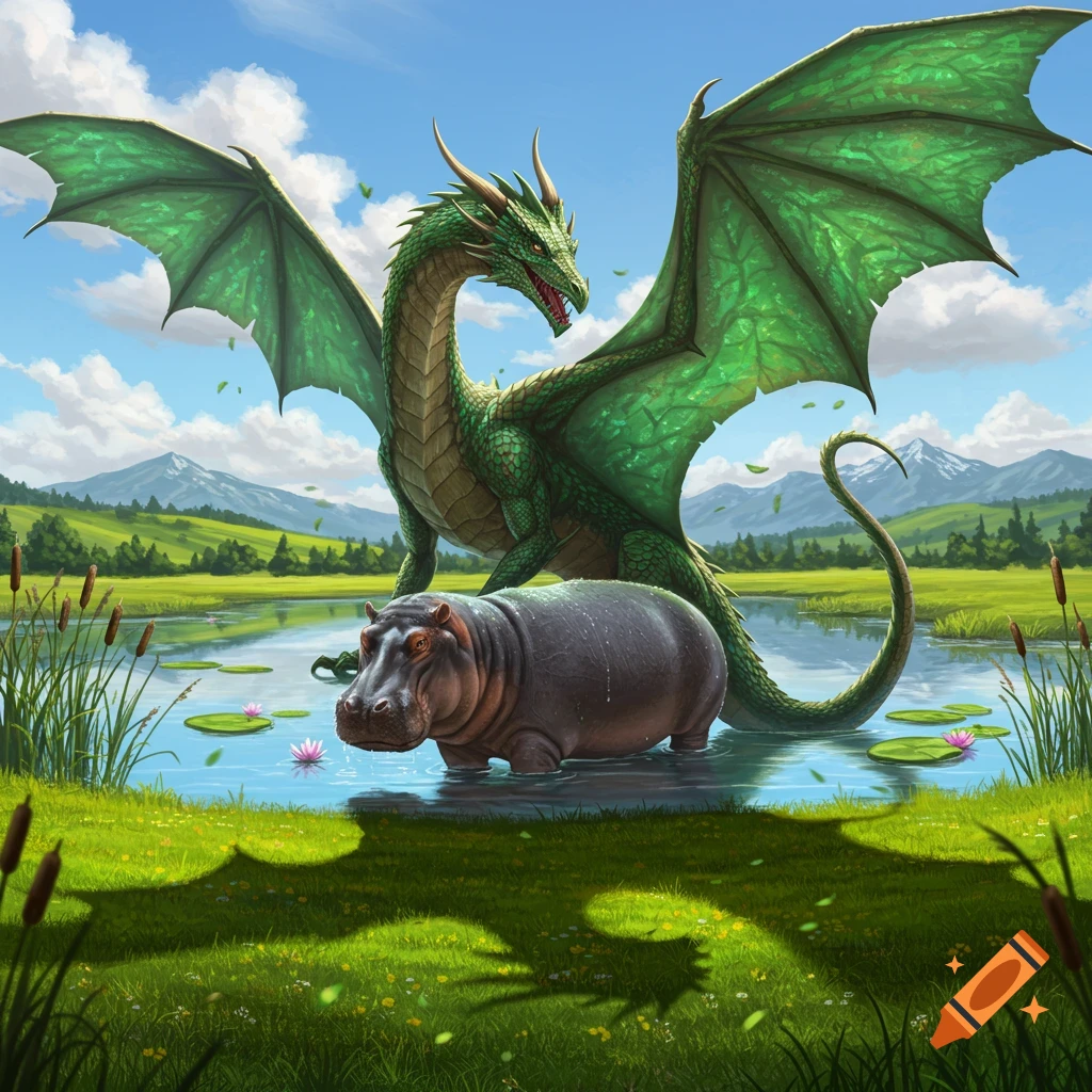A large green dragon stands behind a hippopotamus in a pond, amidst a vibrant green landscape with mountains.