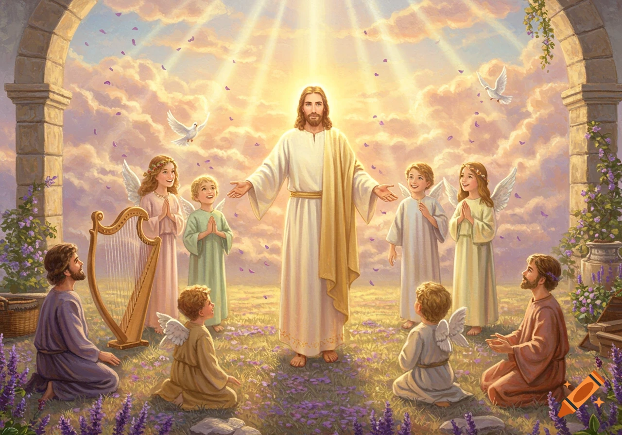 Jesus stands with open arms in a radiant, lavender-filled field, surrounded by smiling angels and kneeling men, under a sky with falling petals.