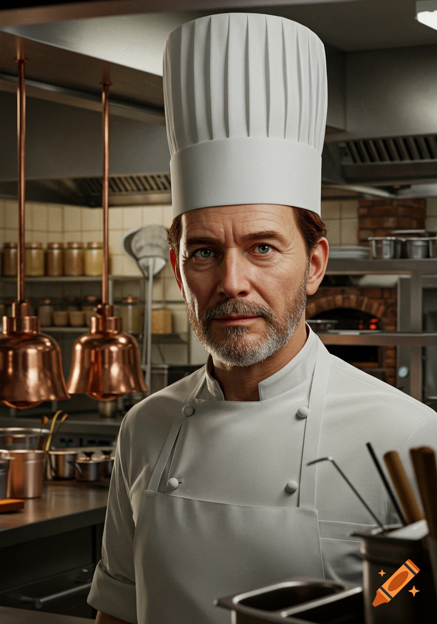 A realistic portrait of a male chef with a beard and green eyes, wearing a white uniform and hat in a professional kitchen.