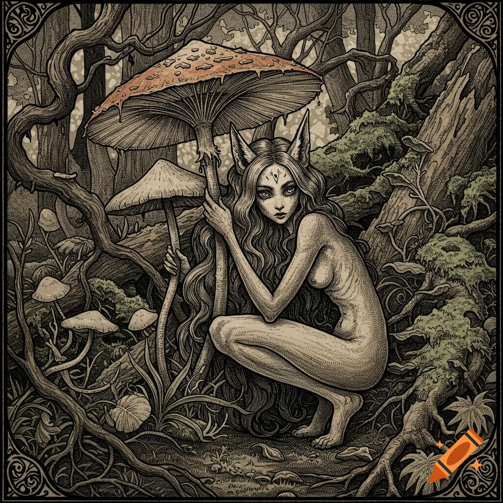 An intricate, stylized illustration of a nude fox-eared humanoid creature crouching in a dense, detailed forest with large mushrooms, in an engraving-like style.