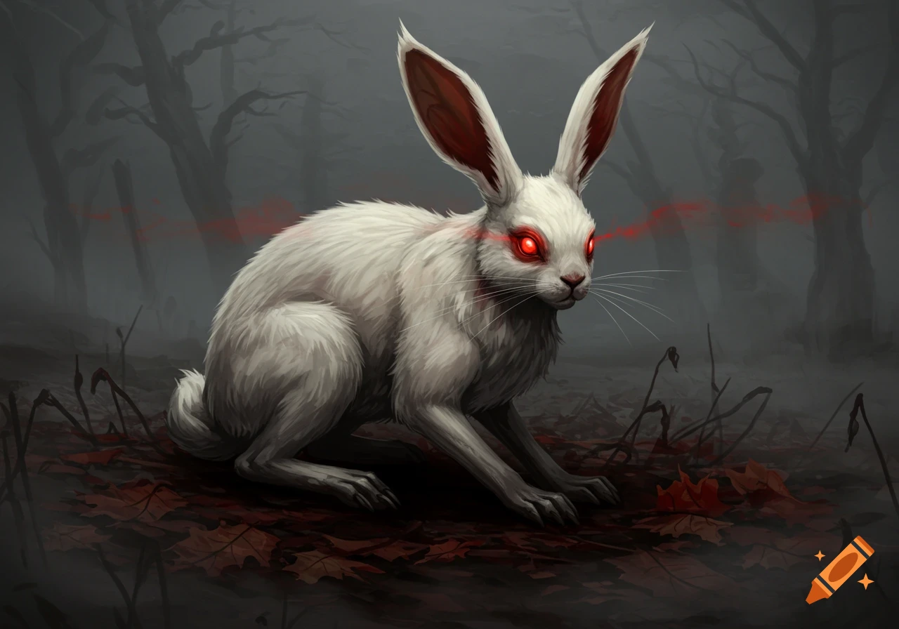 A white rabbit with glowing red eyes sits in a dark, foggy forest with red leaves on the ground. Dark fantasy art style.