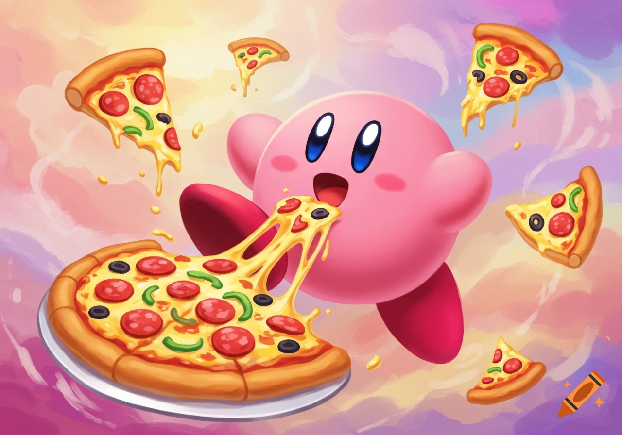 Cartoon Kirby devours a large pizza with stretchy cheese, surrounded by floating pepperoni and olive pizza slices against a pastel background.
