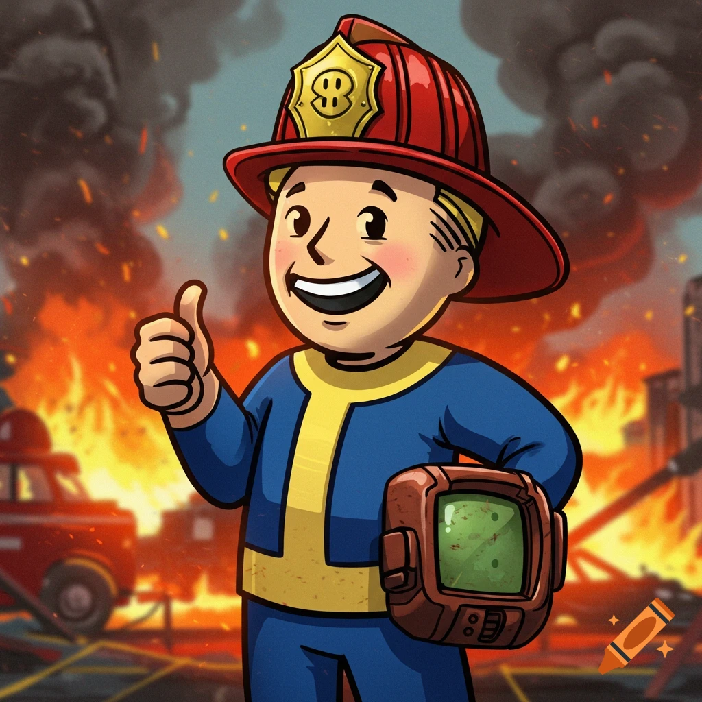 Vault Boy dressed as a firefighter gives a thumbs up, with a burning city in the background.