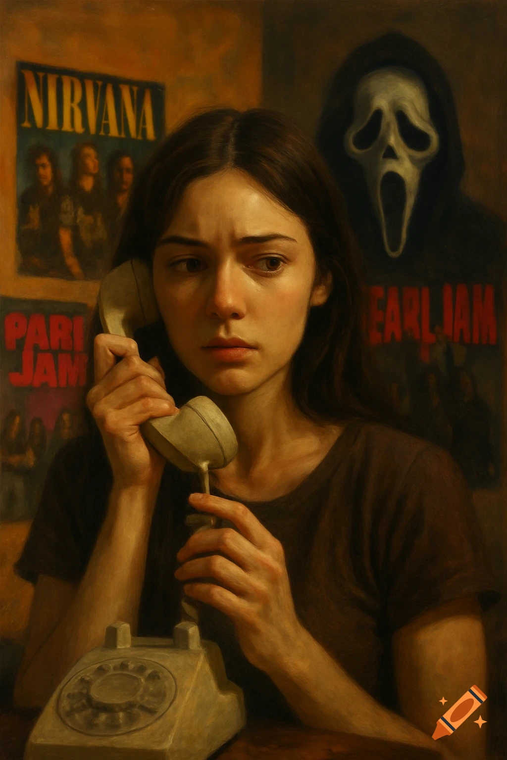 A young woman holds a rotary phone with a worried expression, a shadowy Ghostface figure lurks behind her, 90s band posters are on the wall.