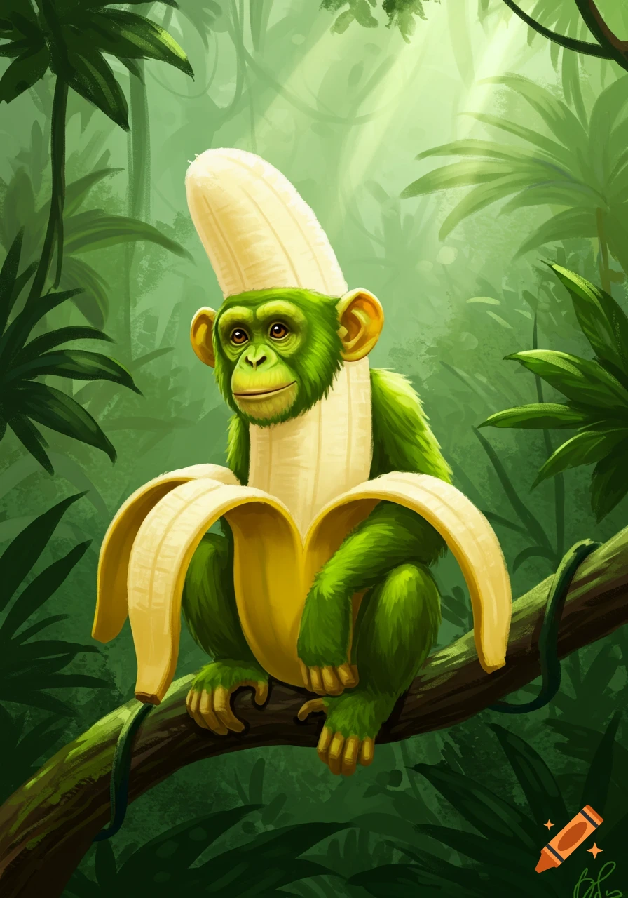 A green chimpanzee wearing a banana peel like clothes and a hat, sitting on a jungle branch. Illustration.