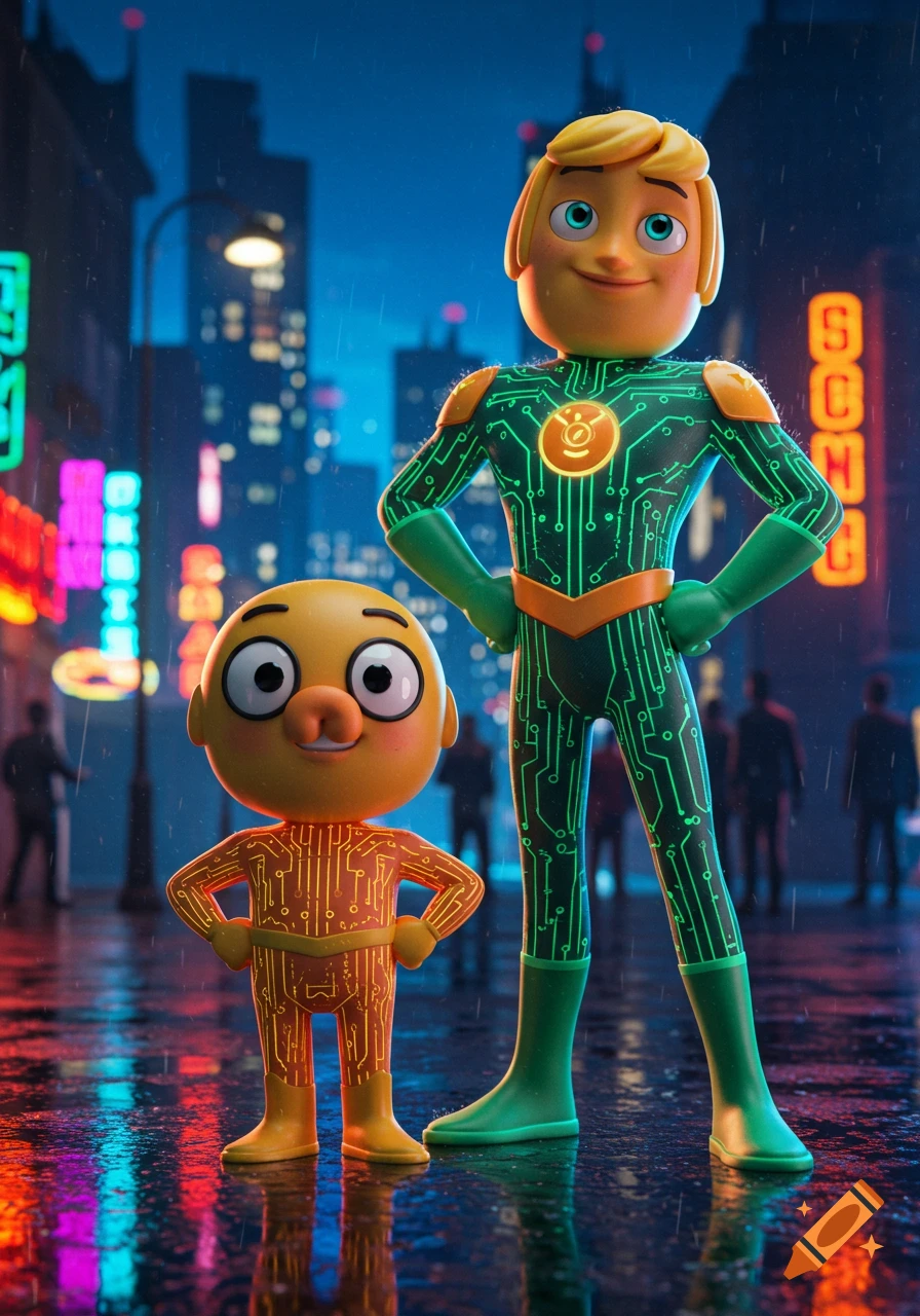 Two stylized cartoon characters in glowing circuit-patterned suits stand on a wet street in a neon-lit futuristic city at night.