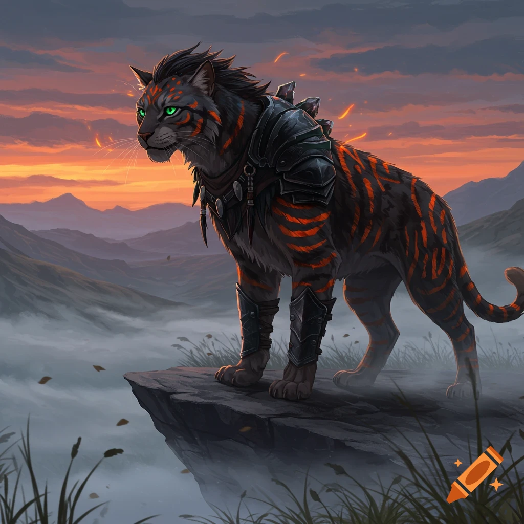 A fantasy warrior cat with green eyes and orange stripes, wearing armor, stands on a cliff overlooking a misty mountain landscape at sunset.