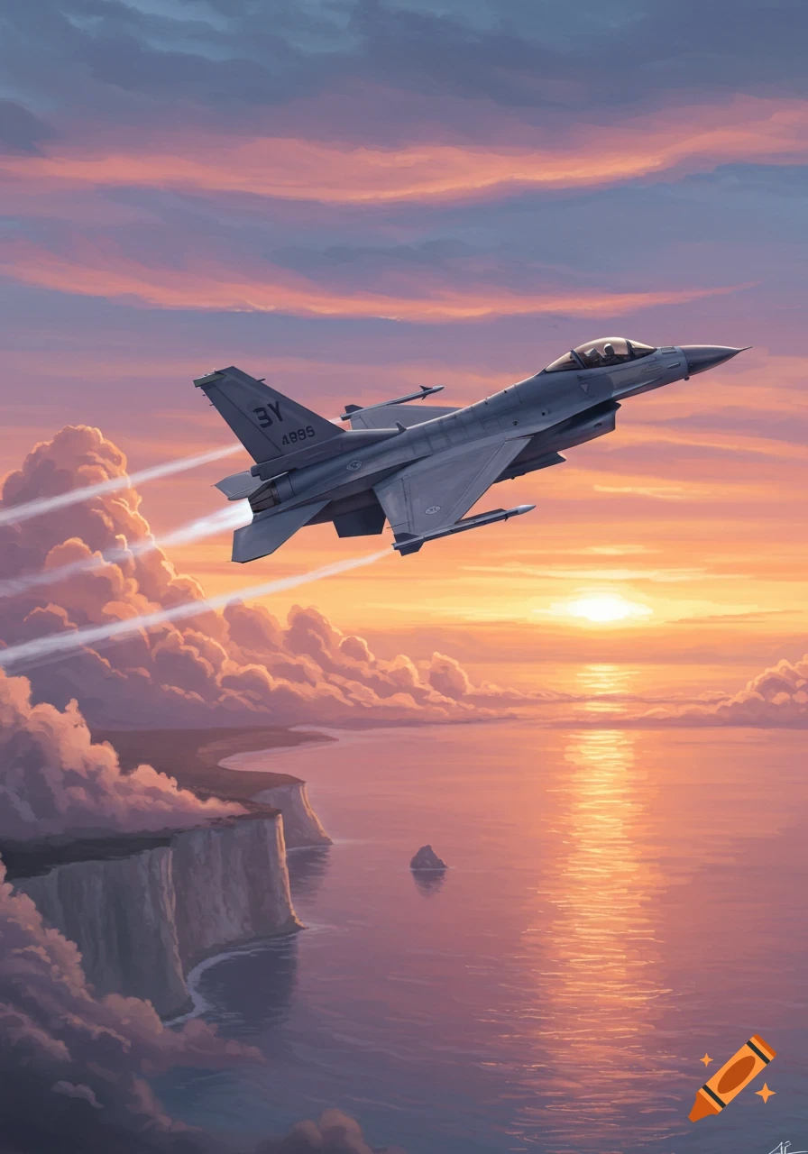 An F-16 fighter jet flies high above a dramatic coastline and ocean at sunset, with warm colors reflecting on the water and clouds.