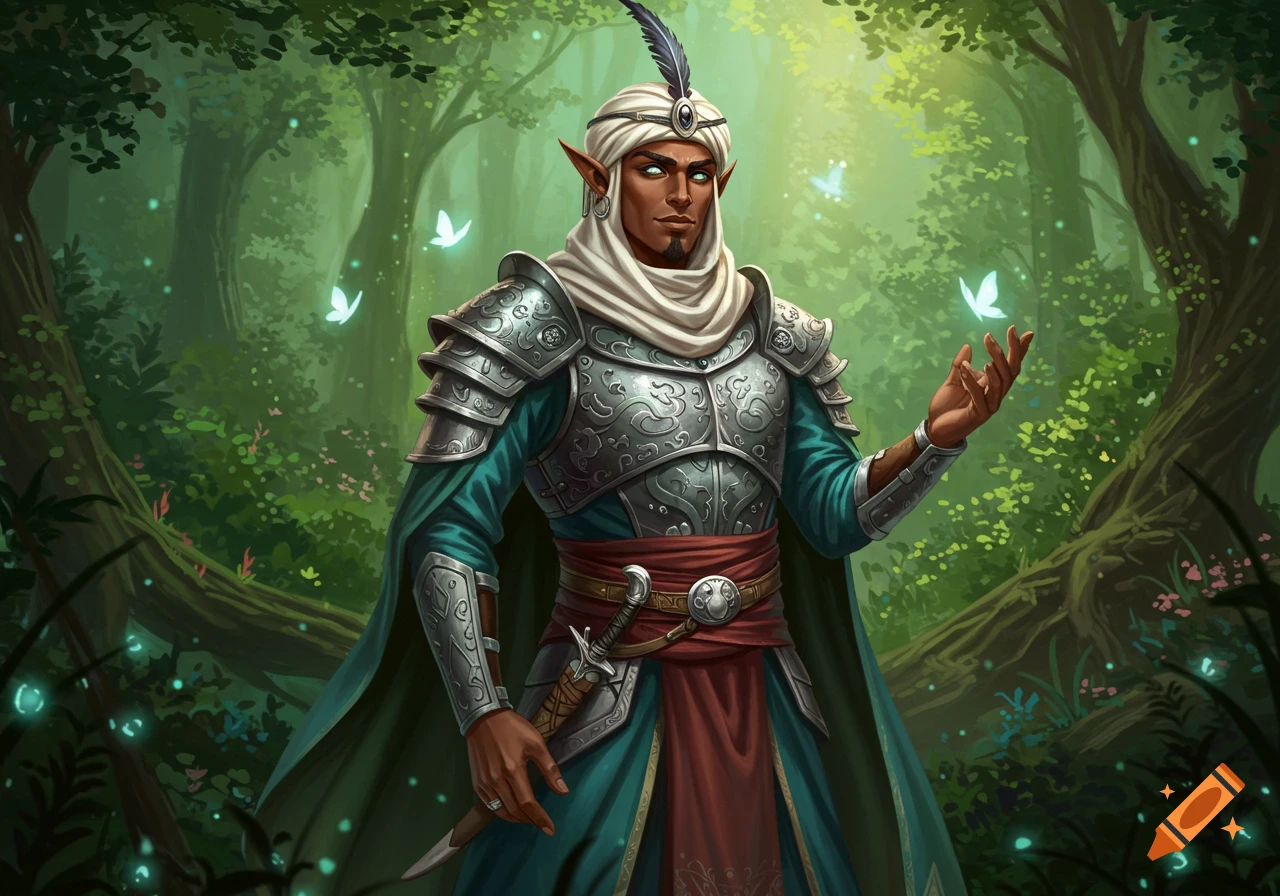 A dark-skinned half-elf warrior in a turban and ornate armor stands in a lush, magical forest with glowing butterflies.