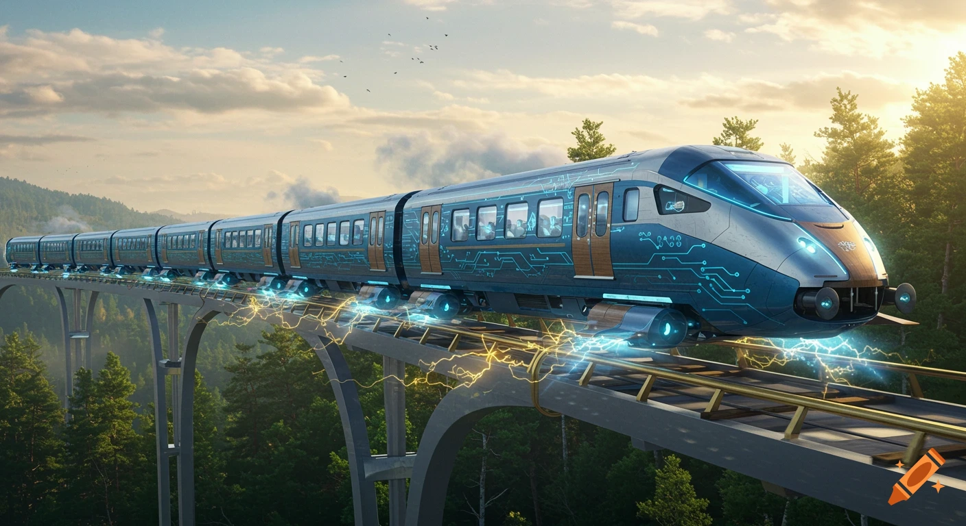 Photorealistic concept art of a futuristic blue and silver maglev train with glowing circuits, hovering over a forest bridge at dusk.