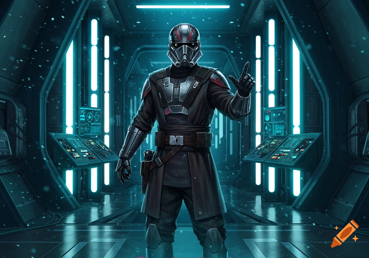 A futuristic Star Wars-like trooper in black armor and a helmet points up in a neon blue lit sci-fi spaceship hallway.