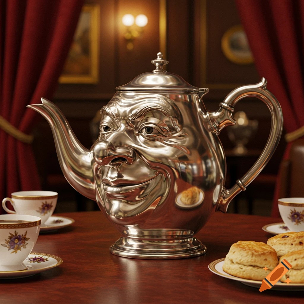 A photorealistic image of a silver teapot with a smiling human face, sitting on a wooden table with teacups and scones.