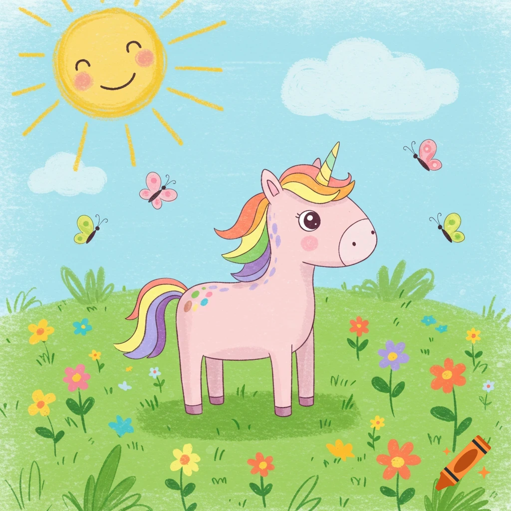 A happy pink unicorn with a rainbow mane and tail in a green field with flowers and butterflies under a smiling sun, in a cartoon style.