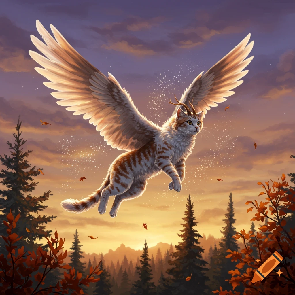 A winged brown and white tabby cat with antlers flies over an autumn forest at sunset, sparkling.