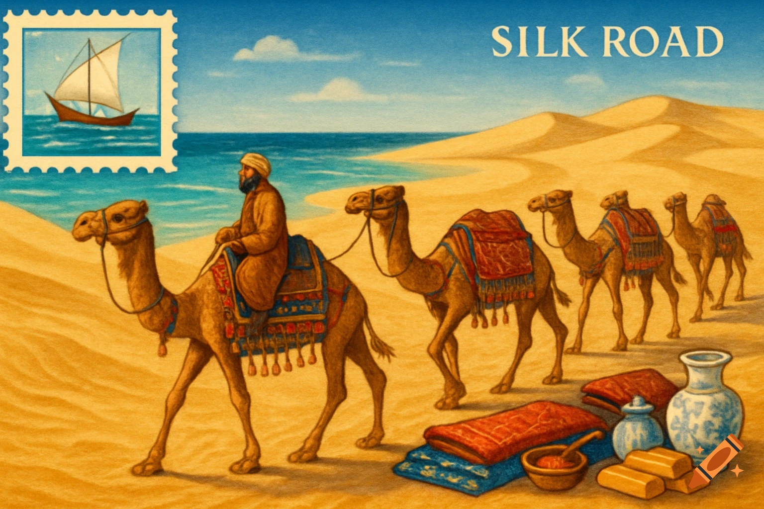 Illustration of a Silk Road camel caravan by the sea. A man rides the lead camel. Foreground shows goods; a stamp with a dhow is top-left.