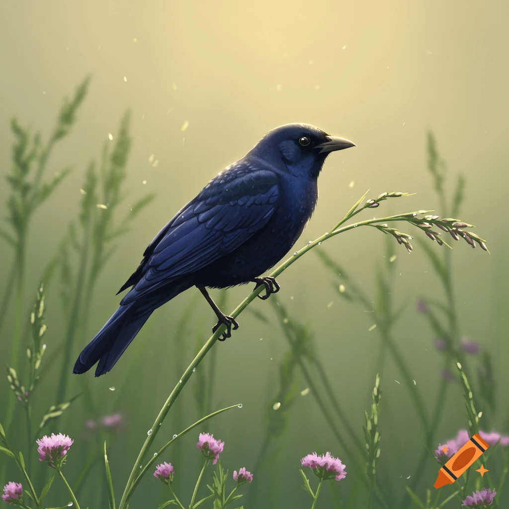 A sleek blackbird with iridescent feathers perches on a dewy blade of grass in a sunlit field with pink flowers.