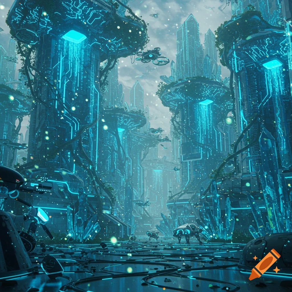 A vibrant, futuristic city with towering structures glowing with blue neon lights, overgrown with vines, and flying drones under a cloudy sky.