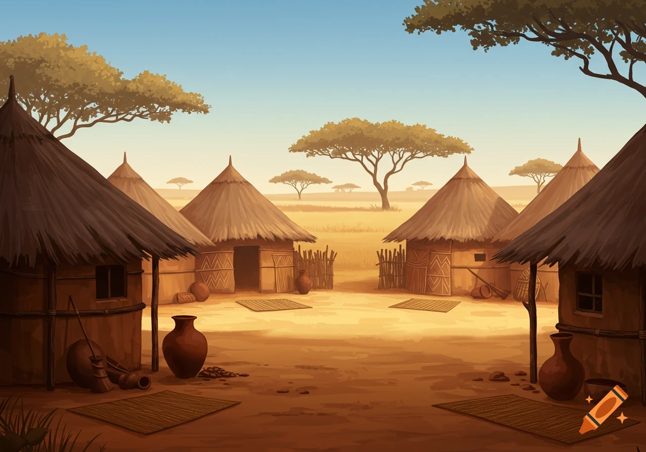 Simplistic illustration of an African village with thatched huts and acacia trees in a dry landscape under a clear sky.