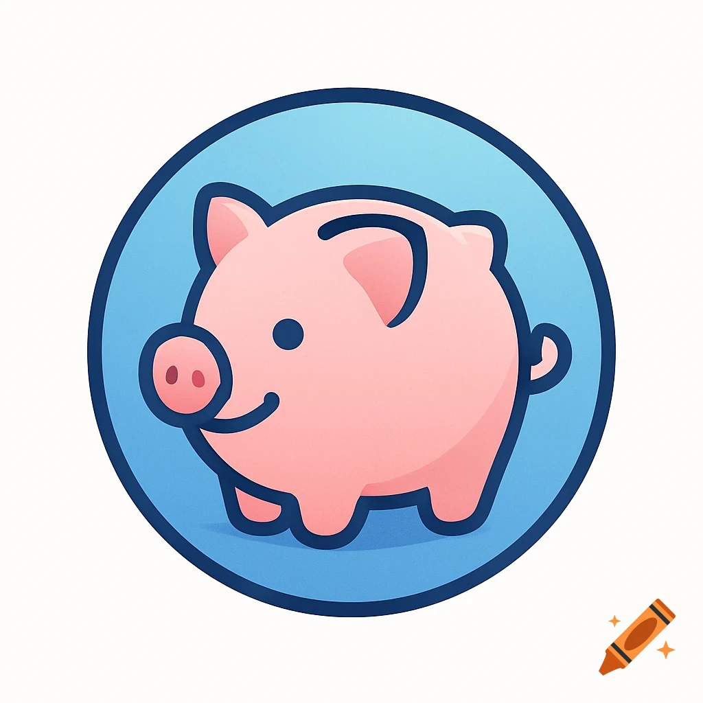 Cute cartoon pink piggy bank icon in a blue circle.