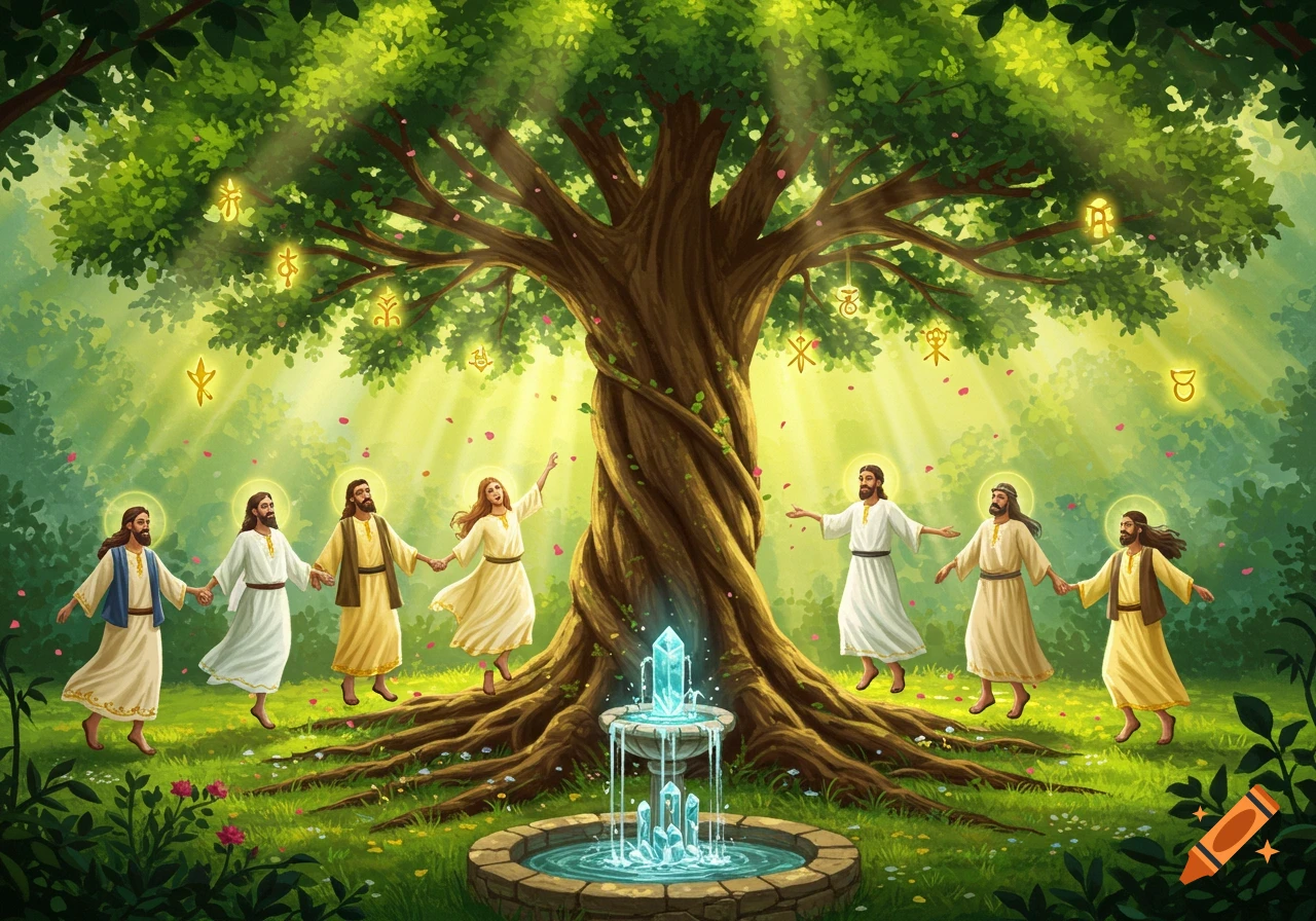 Seven robed figures with halos hold hands around a glowing crystal fountain under a tree with mystical symbols in a forest.