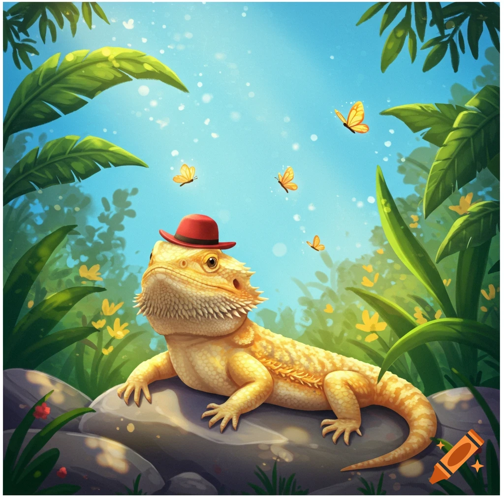 A cute cartoon bearded dragon in a red hat sits on rocks amidst lush green plants, yellow flowers, and butterflies under a blue sky.
