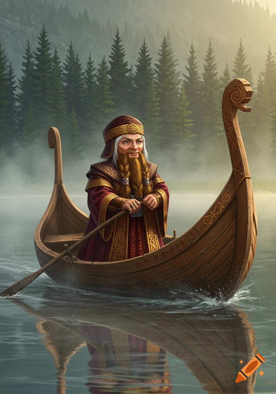 A bearded dwarf with braided hair and a ceremonial robe rows a Viking-style boat on a misty lake, surrounded by pine trees.