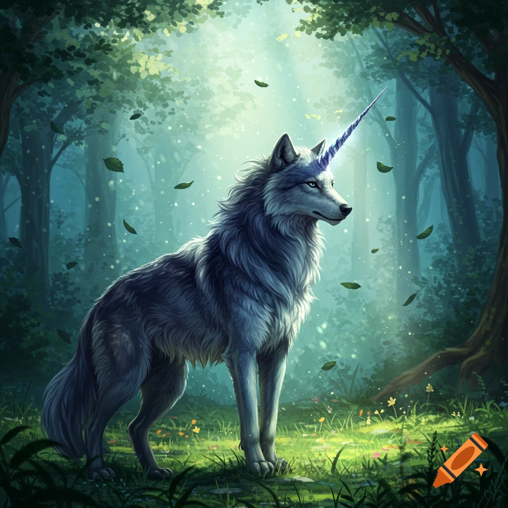 A majestic grey wolf with a glowing blue unicorn horn stands in a mystical forest with light filtering through the trees.