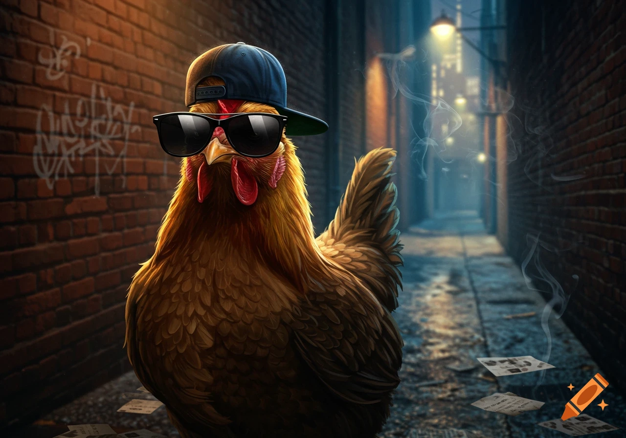 A chicken wearing sunglasses and a backward baseball cap stands in a dark, smoky brick alleyway.